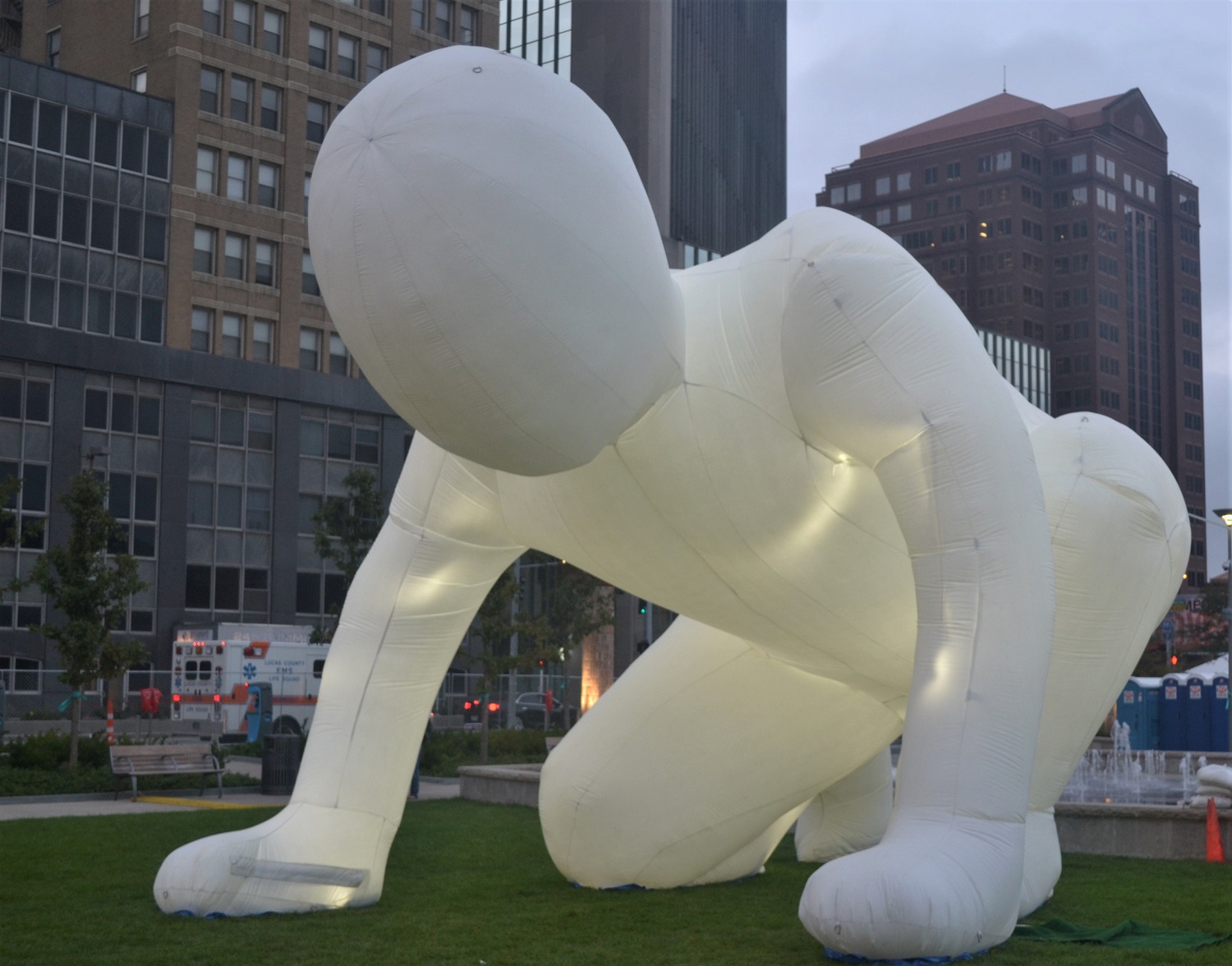 One of three glowing, towering installations of Fantastic Planet by Parer Studio